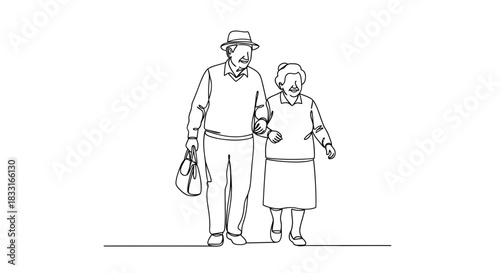 Continuous line drawing of a senior couple strolling in harmony on a sunny afternoon