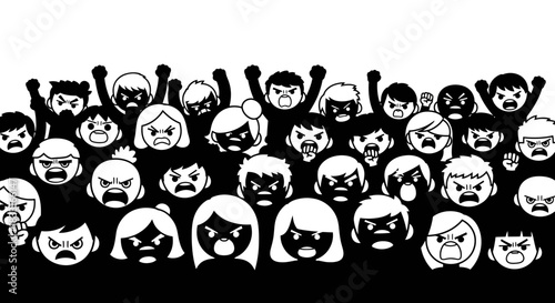 Crowd of angry people protesting, illustration of public demonstration using icon characters