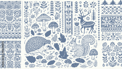 Illustration featuring woodland creatures mushrooms and floral patterns in a decorative arrangement style