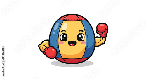 Cute cartoon punching bag character wearing boxing gloves expressing strength and positive emotions