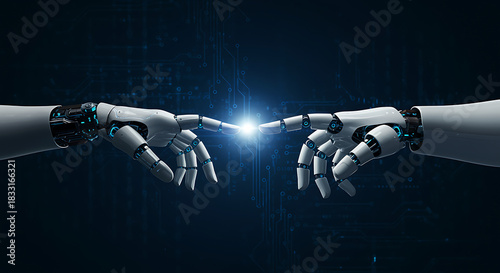 Obraz na płótnie Robot Hands Touching with Technology Background artificial intel