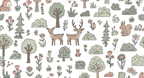 Delicate cartoon woodland creatures and botanical elements creating a charming nature pattern