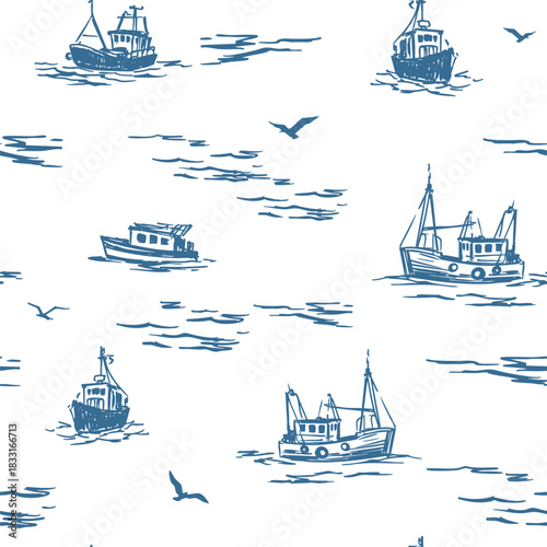 Saolboats sketch, seascape, seamless pattern, vector monochrome illustration, on a transparent background, hand drawn