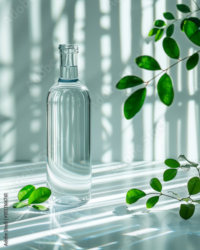 Clear glass bottle in patterned sunlight with green leaves casting shadows. Fresh, natural, bright minimalism.