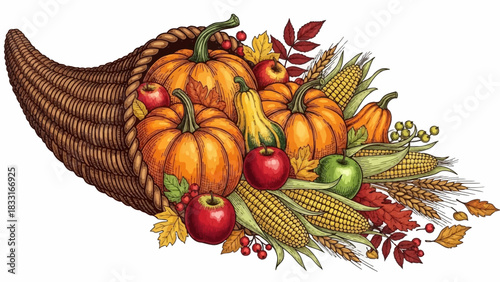 Illustration of a cornucopia filled with pumpkins, apples, corn, and autumn leaves in vibrant colors