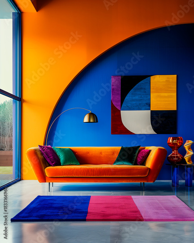 Bold interior with an orange sofa, blue walls, geometric artwork, modern decor and vibrant color contrast. Stylish contemporary design