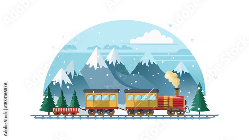 A vintage Christmas train traveling through snowy mountains, glowing windows, steam swirling in the frosty air, magical winter journey scene