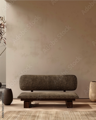 Minimalist room with a low modern sofa, soft shadows and natural textures. Calm, earthy, serene atmosphere.