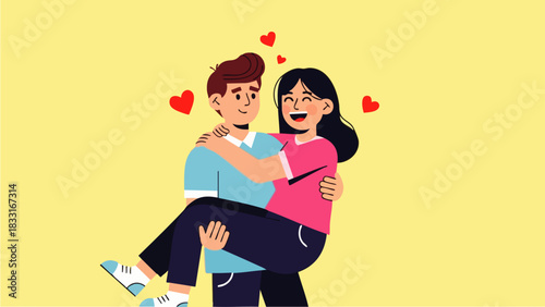 Flat vector illustration of a man holding a happy woman in his arms, smiling. Ideal for themes of love, relationships, marriage, or couple happiness.