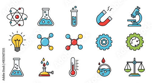 Detailed Science and Laboratory Equipment Icon Set for Scientific Exploration and Education