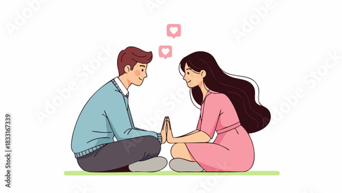 Flat vector illustration of a couple sitting and looking into each other's eyes. Ideal for themes of love, relationships, marriage, or couple happiness.