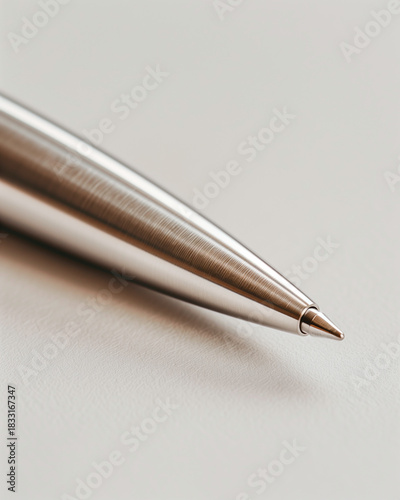Close-up macro shot of a sleek metallic pen tip on a soft neutral surface. Minimal, elegant, refined design.