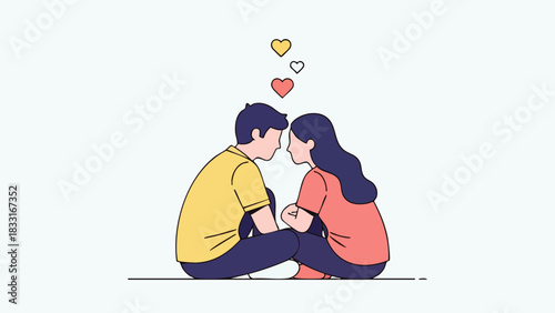 Flat vector illustration of a couple sitting and looking into each other's eyes. Ideal for themes of love, relationships, marriage, or couple happiness.