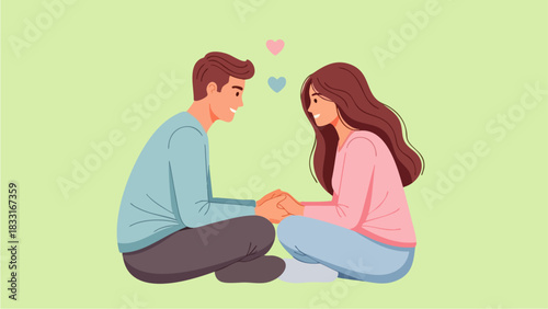 Flat vector illustration of a couple sitting and looking into each other's eyes. Ideal for themes of love, relationships, marriage, or couple happiness.