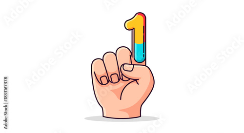 Digitally crafted hand gesturing with a colorful number one index finger sign