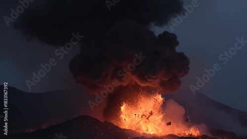 A volcanic eruption at night, spewing lava, ash, and smoke into the sky