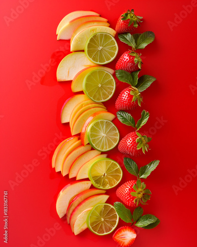 Vivid arrangement of apple slices, lime rounds, strawberries and mint leaves on a bright red surface. Fresh and colorful composition.