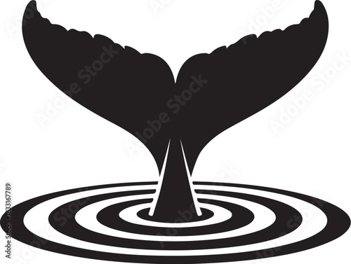 Whale tail diving into water ripples silhouette fluke