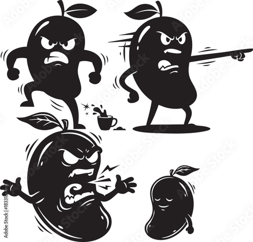 Extreme Anger and Power Dibo Style Black Mango Character Vector Set.