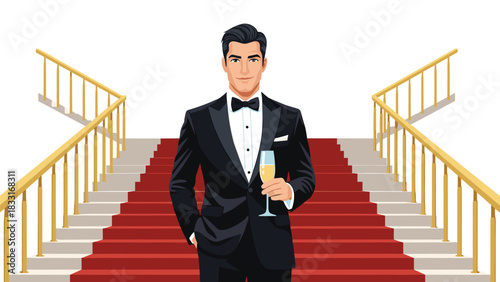Elegant man in tuxedo holding champagne celebrates success on red carpet stairs, embodying style and achievement