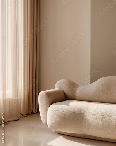 Soft beige sofa in warm sunlight beside flowing curtains. Minimal, elegant interior design