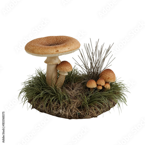 Enchanting mushroom family composition on a natural moss patch against black background scene