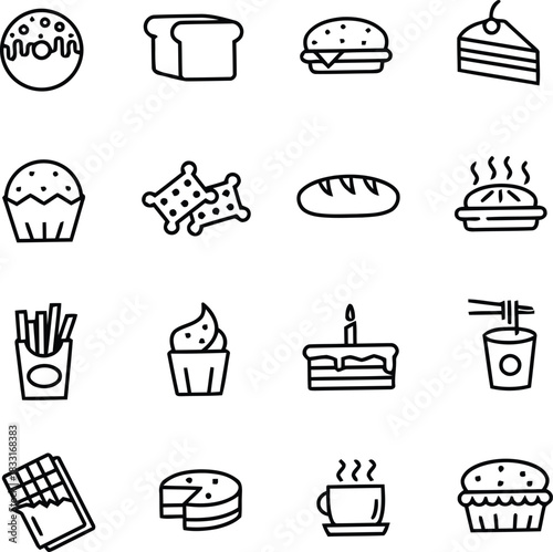 Food icon set vector illustration with snacks desserts fast meals and bakery items in outline style for menu design