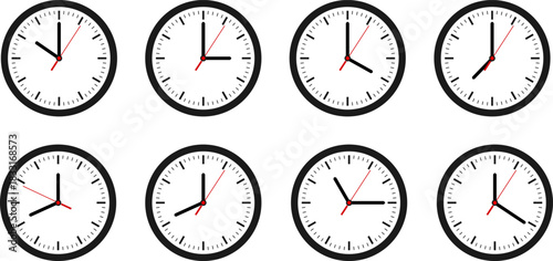 A collection of eight analog clocks showing different times