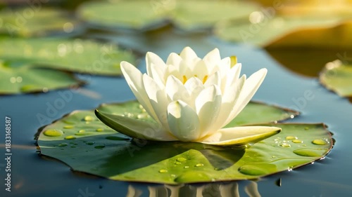 A white lotus blooms atop a lily pad, with water and light
