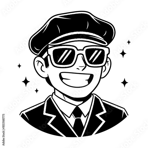 Monochrome Cartoon Illustration of Smiling Man in Cap and Sunglasses