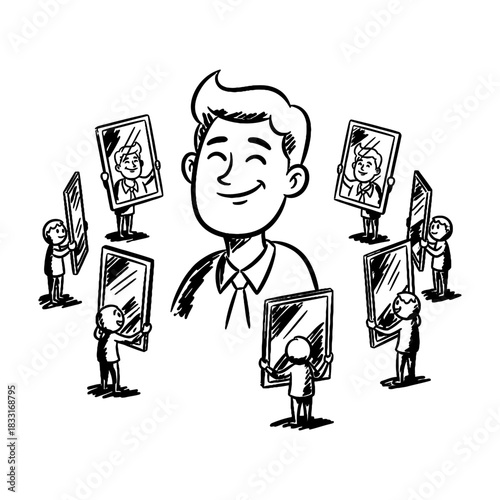 Hand-drawn illustration of a man with reflections from surrounding mirrors