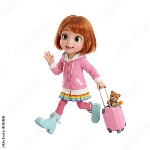 Animated character embarks on an adventure with her suitcase and teddy bear friend