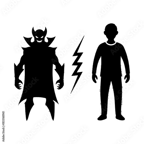 Black Silhouettes of Monster and Human with Lightning Bolt Symbol