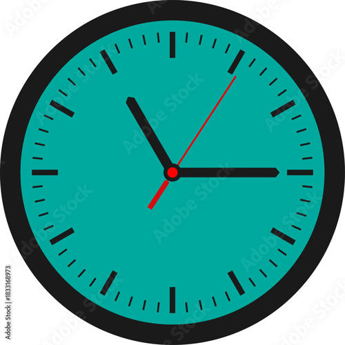 Teal analog clock face with black hands and hour markers