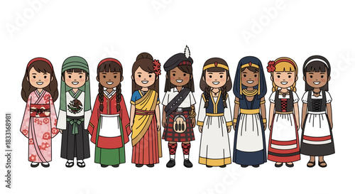 Diverse representation of children in traditional clothing reflecting cultural heritages