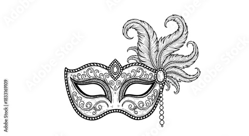 Elaborate Masquerade Mask with Feather Embellishments Black and White Line Art Design