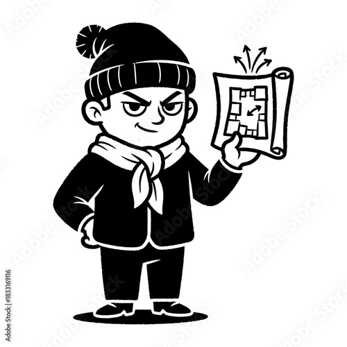 Sly Cartoon Character in Beanie Holding Strategic Plan Blueprint Vector