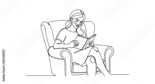 Elegant continuous line drawing showcases a young woman enjoying reading a book in an armchair