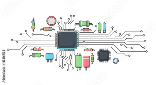 Electronic circuit diagram showcasing central processing unit and varied components
