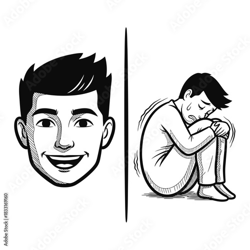 Monochromatic Vector Art Illustrating Contrasting Happy Face and Anxious Figure