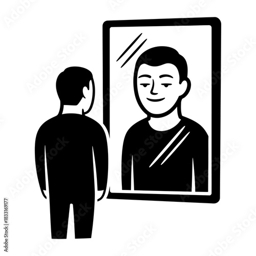 Minimalist Black and White Vector Illustration of Person Looking in Mirror