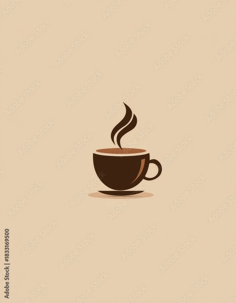 Obraz premium A minimalist illustration of a steaming cup of coffee on a saucer against a muted beige background. The design is simple, focusing on the essential form of the cup and the rising steam
