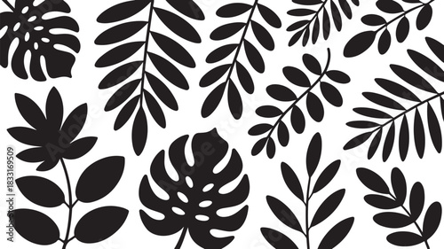 Black silhouette tropical leaves pattern on a white background