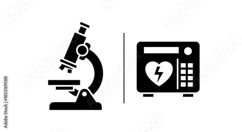 Microscope and Defibrillator Essential Medical and Scientific Equipment.