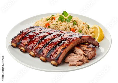 Delicious ribs glazed rice lemon on plate for dinner