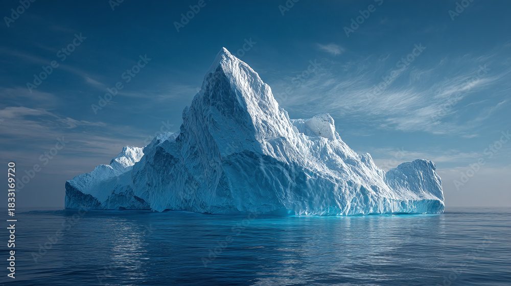 custom made wallpaper toronto digitalMajestic iceberg floating serenely on the ocean's surface under a blue sky. The massive ice formation gleams and glistens in the sunlight, creating a stunning visual display