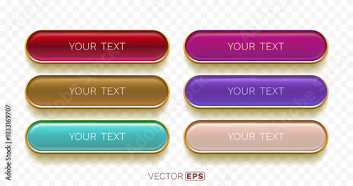 Set of glossy, colorful web buttons with golden borders, ideal for user interface design.