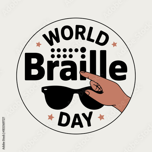 World braille day circular emblem featuring a hand reading braille dots above black sunglasses, isolated on