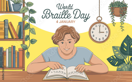 Woman reading book with braille text to celebrate world braille day on 4 january illustration concept