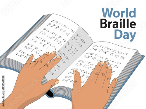 Illustration for world braille day showing hands reading an open book with braille text isolated on